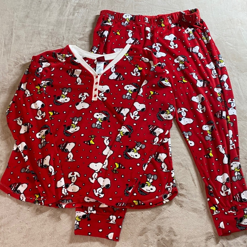 Peanuts Snoopy Fleece Pajama Set XL Red Henley Top Jogger Pants Winter Sleepwear
